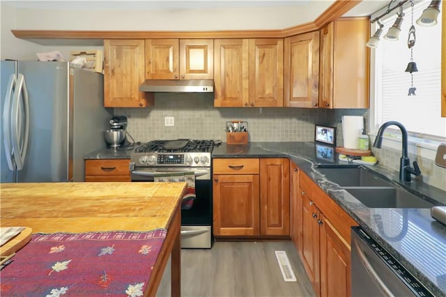 kitchen featuring sink, wood counters, backsplash, stainless steel appliances, and dark hardwood / wood-style flooring