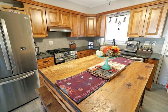 kitchen featuring stainless steel appliances, light hardwood / wood-style floors, butcher block countertops, and backsplash