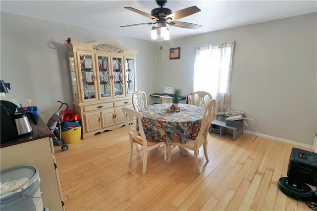 dining room with ceiling fan and light hardwood / wood-style flooring