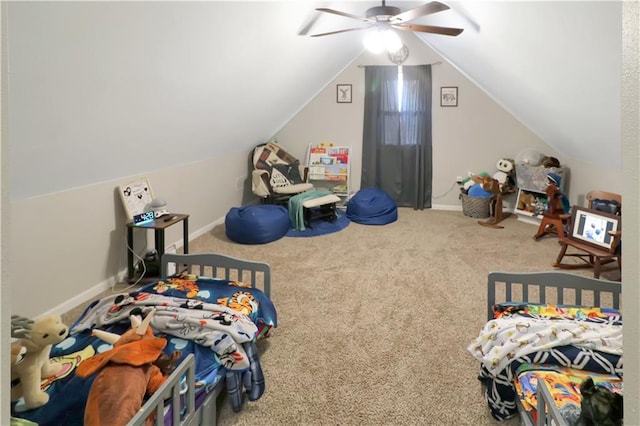 bedroom with vaulted ceiling, ceiling fan, and carpet