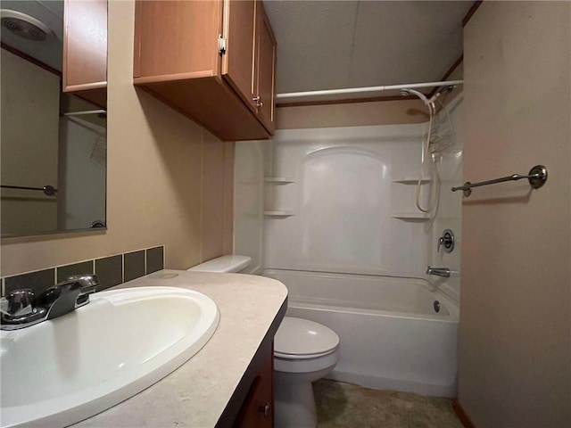 full bathroom with toilet, vanity, and shower / bath combination