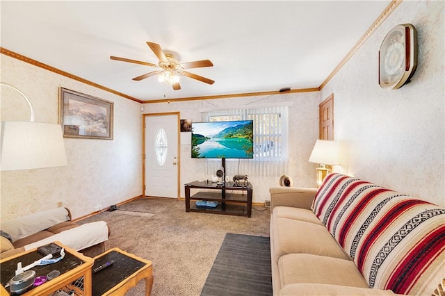 living room featuring crown molding, carpet flooring, and ceiling fan