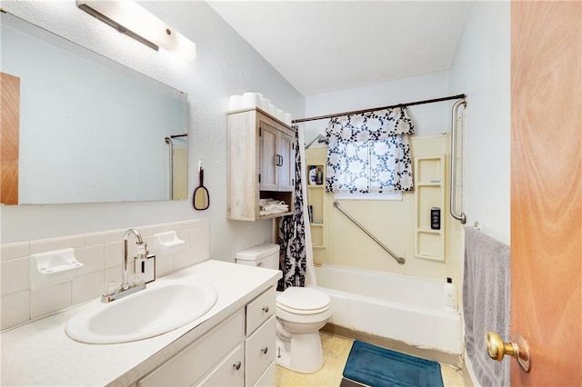 full bathroom with tile patterned floors, toilet, backsplash, shower / tub combo with curtain, and vanity