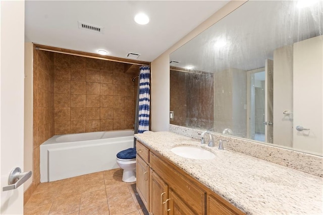 full bath with tile patterned flooring, toilet, vanity, shower / bath combo with shower curtain, and recessed lighting