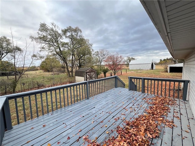 deck featuring a shed