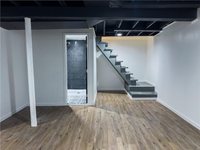 basement with hardwood / wood-style floors