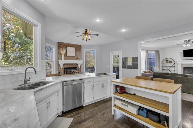 kitchen featuring a large fireplace, white cabinetry, stainless steel dishwasher, dark wood-type flooring, and sink