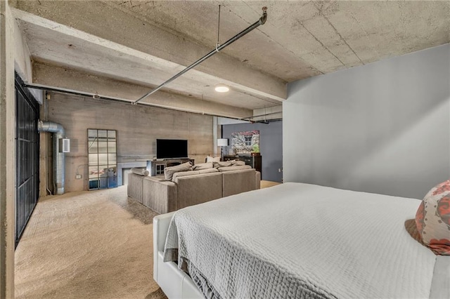 bedroom featuring light carpet