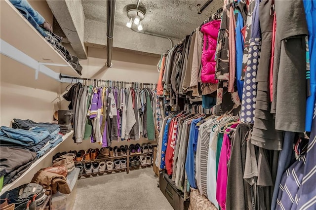 walk in closet featuring carpet flooring