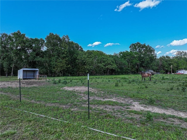 view of yard with a shed and a rural view