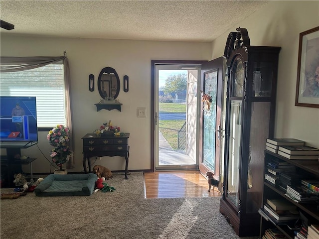 doorway to outside featuring a textured ceiling and carpet floors