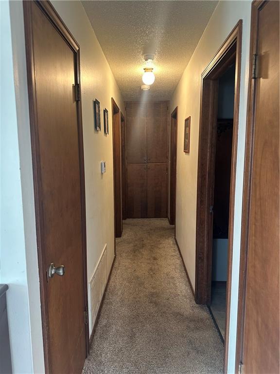 hall with light carpet and a textured ceiling