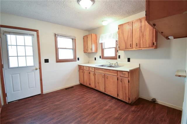 kitchen with sink, dark wood-type flooring, and a textured ceiling