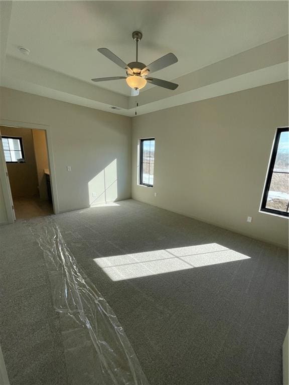 spare room featuring a raised ceiling, carpet, and ceiling fan