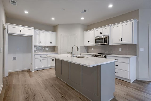 kitchen with visible vents, a sink, white cabinets, light wood-style floors, and stainless steel appliances