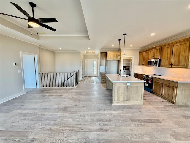 kitchen featuring decorative light fixtures, light wood-type flooring, a tray ceiling, stainless steel appliances, and a kitchen island with sink