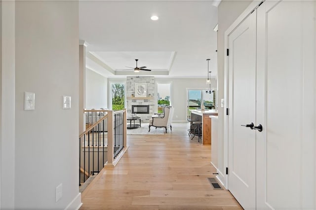 hall featuring ornamental molding, a healthy amount of sunlight, a raised ceiling, and light hardwood / wood-style floors