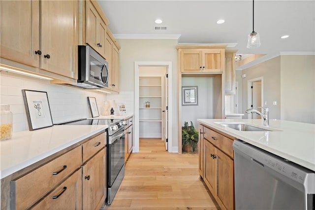 kitchen featuring hanging light fixtures, ornamental molding, appliances with stainless steel finishes, and sink