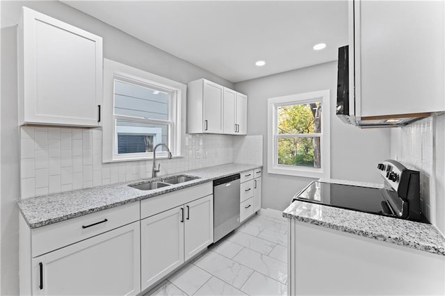 kitchen featuring sink, black range with electric cooktop, dishwasher, and white cabinets