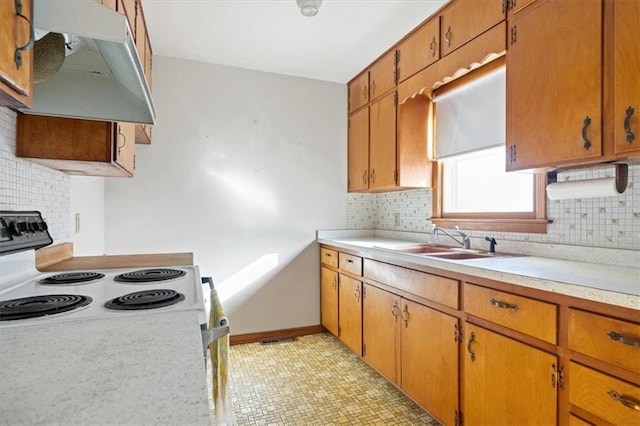 kitchen featuring extractor fan, backsplash, sink, light tile patterned floors, and white electric range oven