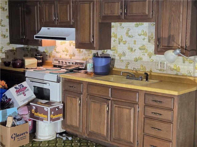 kitchen with sink, white electric stove, exhaust hood, and tasteful backsplash