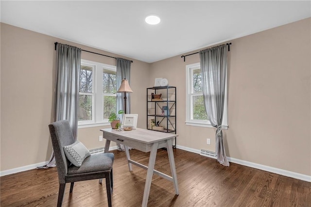 office space with dark hardwood / wood-style floors and plenty of natural light