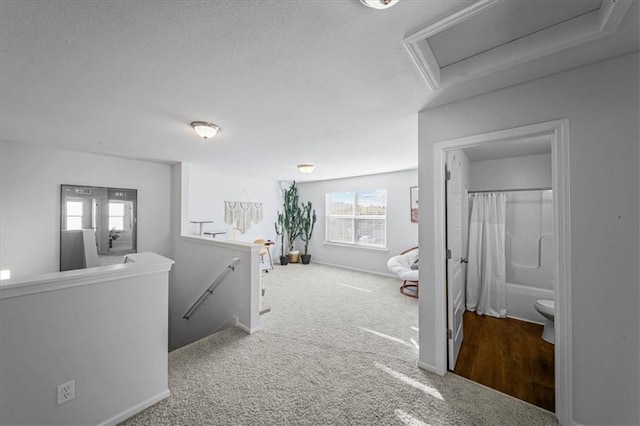 hall featuring a textured ceiling and carpet floors