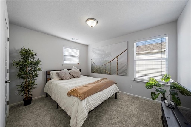 carpeted bedroom featuring a textured ceiling and multiple windows