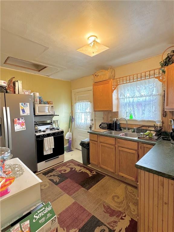 kitchen featuring plenty of natural light, range with gas cooktop, sink, and stainless steel refrigerator