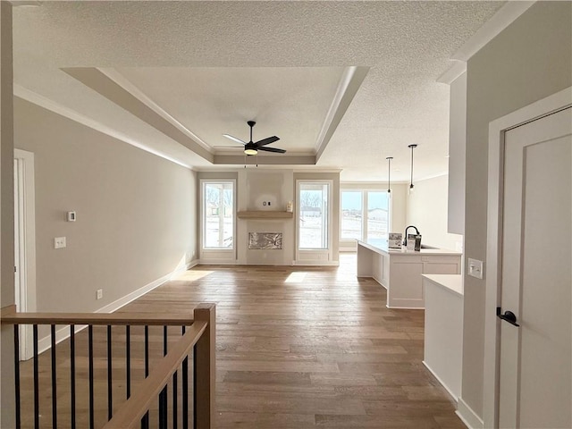 unfurnished living room with ceiling fan, crown molding, light hardwood / wood-style floors, and a raised ceiling