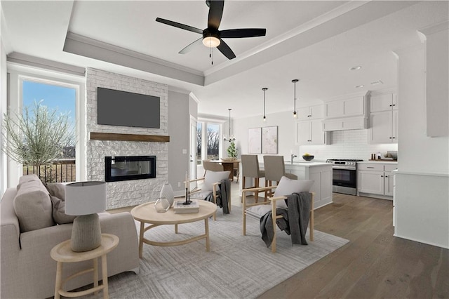 living room featuring a healthy amount of sunlight, wood-type flooring, a stone fireplace, and a raised ceiling