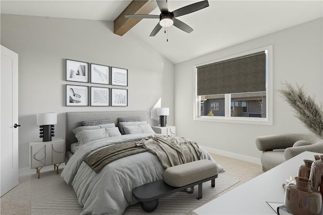 carpeted bedroom featuring vaulted ceiling with beams and ceiling fan