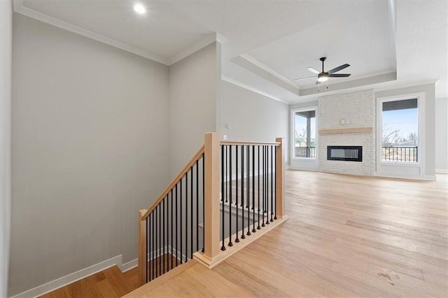 interior space featuring a raised ceiling, light hardwood / wood-style floors, and crown molding