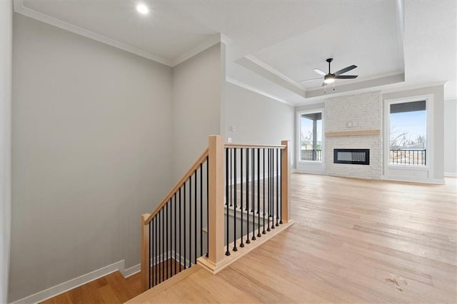 interior space with wood finished floors, ceiling fan, a raised ceiling, baseboards, and ornamental molding