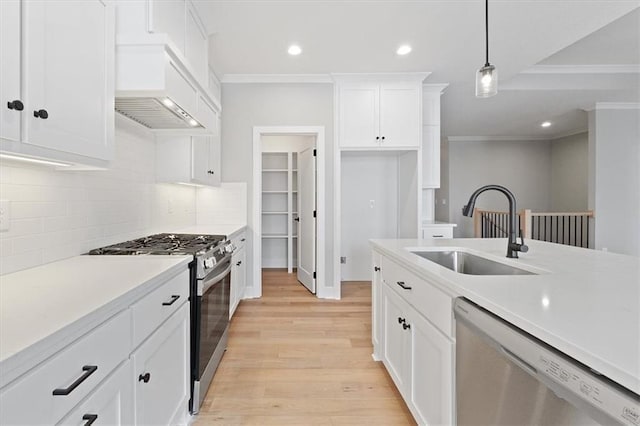 kitchen with a sink, light wood finished floors, light countertops, premium range hood, and appliances with stainless steel finishes