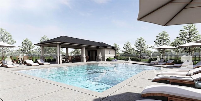 view of pool featuring an outdoor structure, fence, a patio area, and a fenced in pool