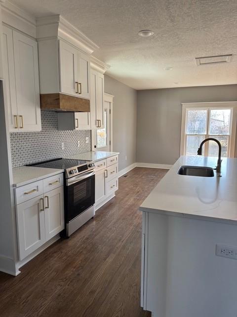 kitchen with tasteful backsplash, dark wood-type flooring, light countertops, stainless steel range with electric stovetop, and a sink