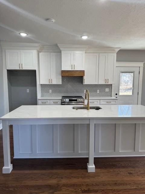 kitchen with a sink, backsplash, a large island with sink, white cabinets, and dark wood-style flooring