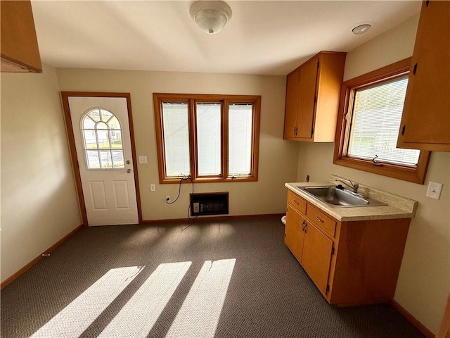 kitchen featuring dark carpet, sink, and heating unit