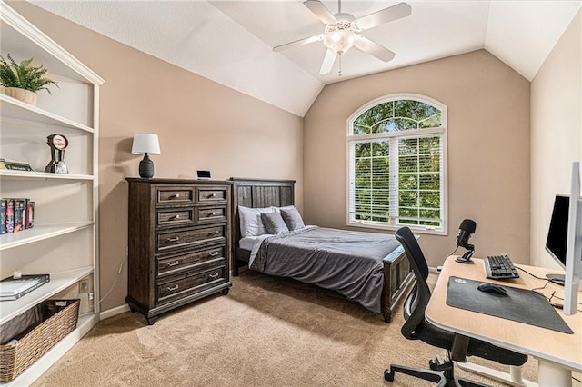 bedroom with ceiling fan, light carpet, and lofted ceiling