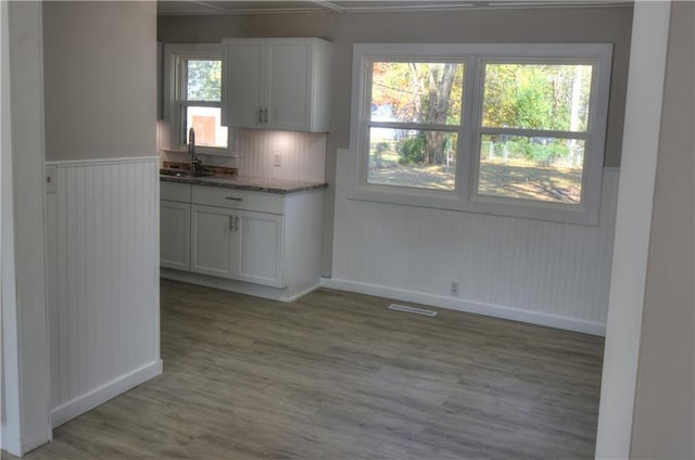820 W Oak St, Chanute, KS 66720 - kitchen with a sink, white cabinets, baseboards, and a wainscoted wall