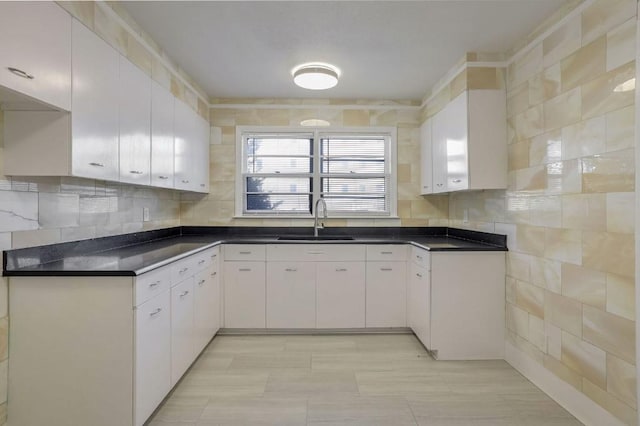 kitchen with sink, white cabinets, and decorative backsplash