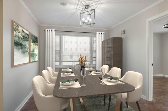 dining space with a notable chandelier, ornamental molding, and dark hardwood / wood-style floors