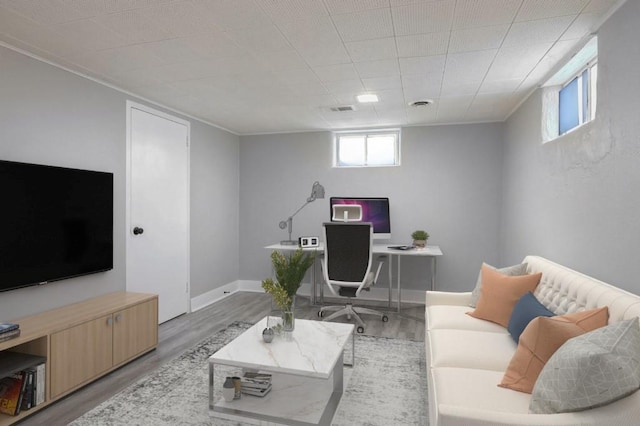 living room with crown molding and hardwood / wood-style floors