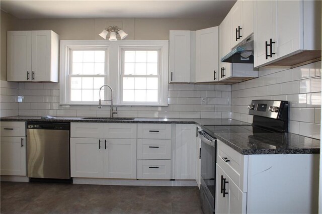 1201 W 4th St, Coffeyville, KS 67337 - kitchen with appliances with stainless steel finishes, a sink, under cabinet range hood, white cabinetry, and tasteful backsplash
