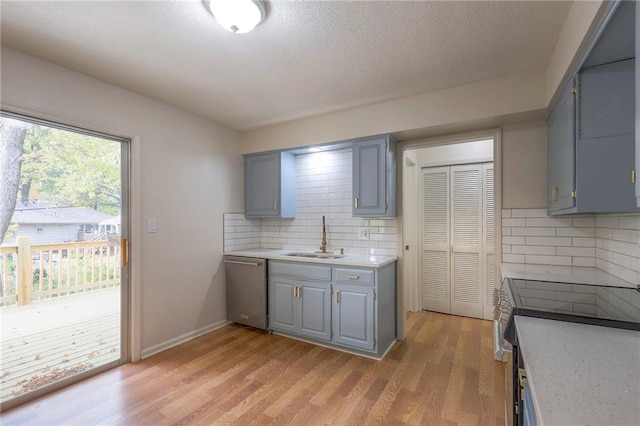 kitchen featuring light hardwood / wood-style flooring, stainless steel appliances, backsplash, sink, and a textured ceiling