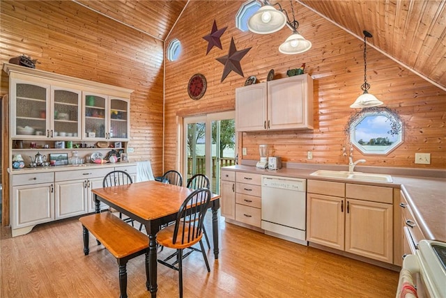 kitchen featuring dishwasher, wood ceiling, sink, pendant lighting, and high vaulted ceiling