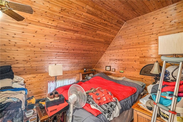 bedroom featuring ceiling fan, wood walls, and lofted ceiling