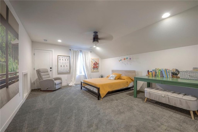 bedroom with baseboards, lofted ceiling, ceiling fan, carpet, and recessed lighting