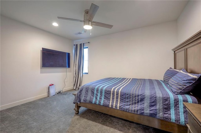 bedroom with baseboards, visible vents, a ceiling fan, carpet flooring, and recessed lighting